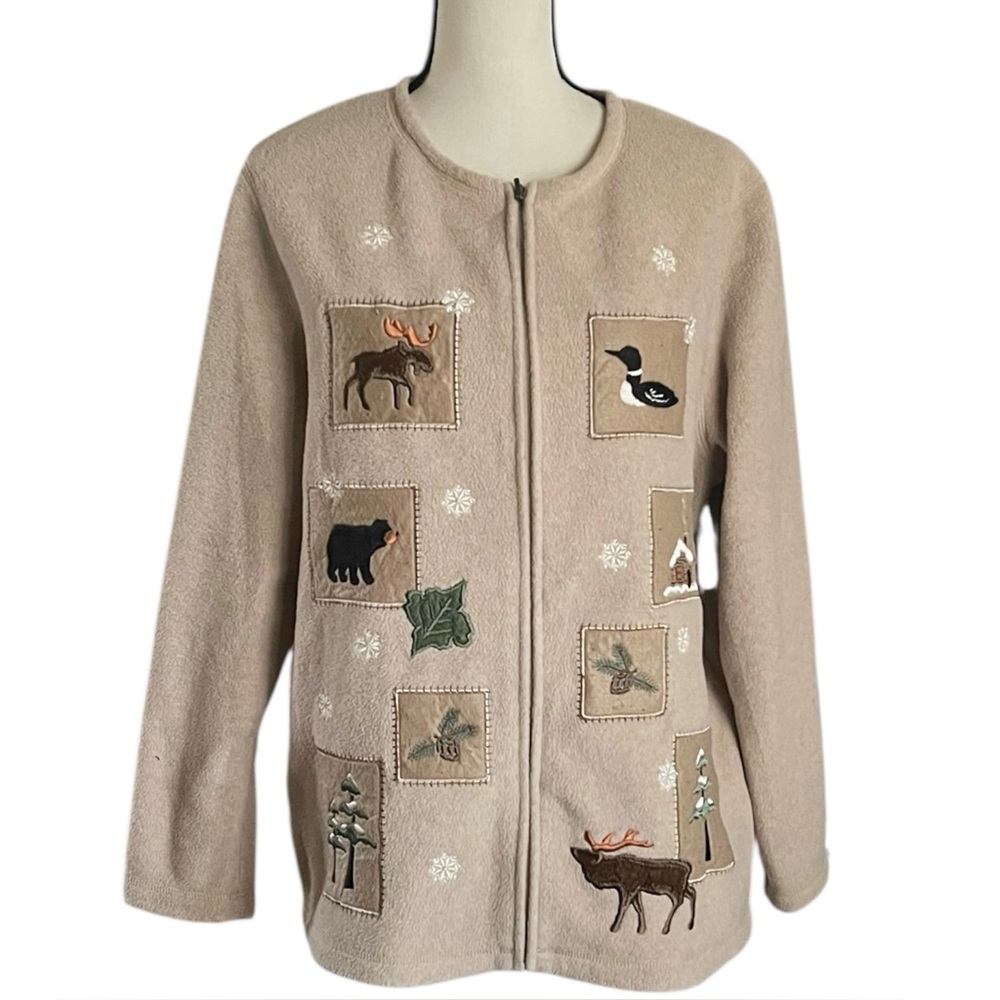Croft & Barrow Cabincore Embroidered Wildlife Fleece feel Zipper top SZ.1X.